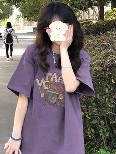 高级感紫色短袖t恤女夏季2023卡通印花体恤宽松chic港味上衣
