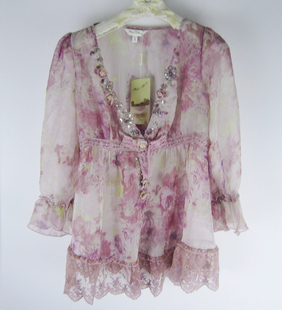 pinkmary粉红玛琍粉红玛丽夏绣花(夏绣花)钉珠，雪纺上衣女两件套装标齐