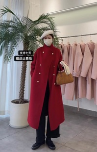 韩版立领双面羊绒大衣女长款2024年春季时尚设计感羊毛外套