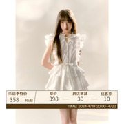 RECIT原创设计 白色小飞袖木耳边蛋糕裙法式少女衬衫连衣裙女夏季
