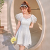 优雅简约蕾丝温柔裙子小个子白色花边喇叭袖短款连衣裙仙气小礼服