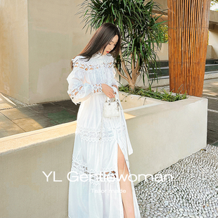 YL Gentlewoman法式镂空蕾丝立领连衣裙海边度假白色连衣长裙