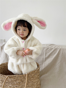 女童冬装加厚毛绒套装宝宝可爱兔子连帽毛毛外套+兔尾巴短裤2件套