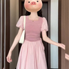 法式条纹拼接泡泡袖粉色连衣裙女2024夏季小个子设计褶皱公主长裙