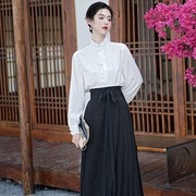 新中式年轻款文艺复古立领衬衫高腰提花马面裙中国风连衣裙两件套