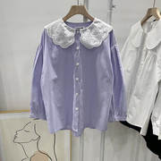 韩国春季甜美减龄蕾丝花边娃娃领宽松长袖衬衫女上衣外套紫色