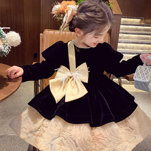 女童加绒连衣裙冬装2024新款洋气儿童丝绒蓬蓬公主裙女孩生日礼服