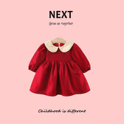 英国next女宝宝娃娃领连衣裙，秋季长袖公主裙子，婴儿红色周岁宴礼服
