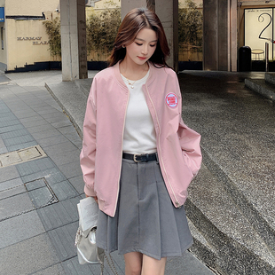 粉色棒球服外套女春秋韩版宽松休闲小个子短款夹克上衣