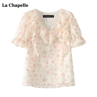 拉夏贝尔lachapelle甜美泡泡，袖刺绣v领雪纺，衬衫女夏季短袖上衣
