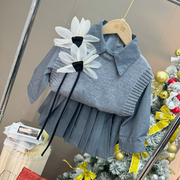 女童套装2024春秋韩版针织马甲背心纯色长袖衬衫百褶裙三件套