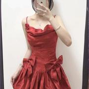 高级感法式红色吊带裙女小红裙气质短裙蝴蝶结裙子公主蓬蓬裙