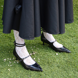 msmessa超复古尖头细绑带黑色，中古脚踝5cm中跟新中式单鞋女高跟鞋