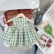 韩国女童夏日格子亲子家套装绿色小清新色织格纹娃娃衫背心裙短裤