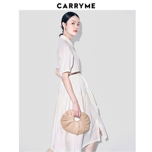 CARRY ME/嘉蜜气质米色连衣裙23夏塔克线腰带简约翻领a字裙