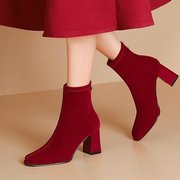 磨砂厚底加绒冬季短靴，粗跟2024中式结婚鞋秀禾新娘鞋红色短靴