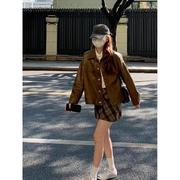 美式复古棕色皮衣短外套，秋季2024女装，高级感小个子机车服夹克