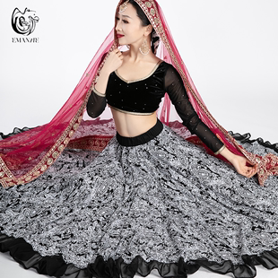 依曼异域风情印度舞服装民族风女舞蹈服弹力网纱黑色丝绒烫钻上衣