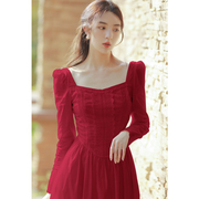 赫本风春季法式方领红色，裙子花边领长袖连衣裙大摆显瘦宫廷裙