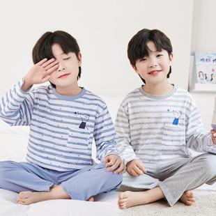 韩版男童家居服春秋星星条纹中大童长袖睡衣儿童内搭套装