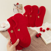 红袜子女属龙本命年纯棉浅口船袜，男女结婚情侣，袜大红色低腰新年袜