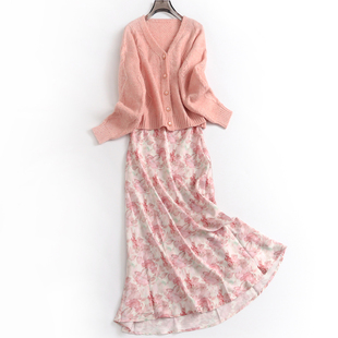 粉色花卉印花显瘦修身温柔淑女风两件套装长袖女长裙连衣裙N717
