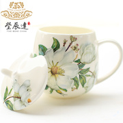 骨瓷马克杯带盖勺创意杯子牛奶，杯陶瓷情侣水杯，可爱韩版简约咖啡杯