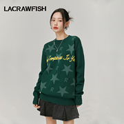 lacrawfish美式复古高街星星，提花圆领套头毛衣，慵懒风宽松针织衫