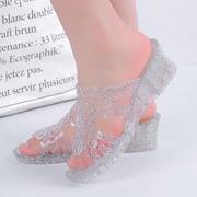 凉鞋女夏季2023水晶塑料凉鞋，高跟厚底女凉拖鞋妈妈坡跟室外凉拖鞋