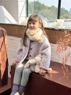 儿童韩版洋气一体绒棉衣2023冬女童加厚加绒紫色棉服宝宝棉袄外套