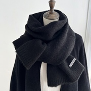 韩版时尚羊毛混纺纯色黑色围巾女冬季高级感加厚保暖围脖男生