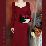 法式红色订婚连衣裙女长袖秋季敬酒服新娘结婚平时可穿小礼服长裙