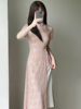 奥黛旗袍2023年夏季复古中国风年轻少女温柔粉色蕾丝连衣裙