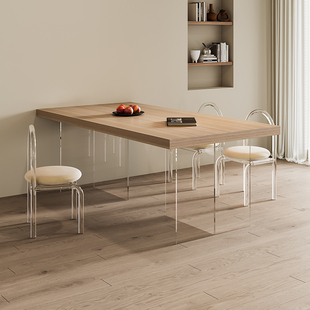 侘寂风亚克力木纹岩板餐桌家用现代简约高端轻奢长方形悬浮西餐桌