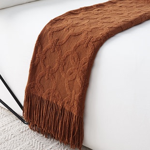 床尾巾针织盖毯装饰沙发毛毯，暗橘色纯色，简约风美式复古设计师款