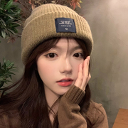咖色毛线帽子女冬季韩版百搭大头围显脸小针织冷帽宽松护耳保暖潮