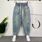 夏季潮牌牛仔裤创意刺绣哈伦裤浅蓝做旧美式男生长裤薄款弹力裤子