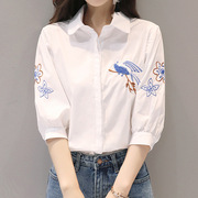 刺绣花鸟衬衫跨境日系女装2024韩版春夏秋七分袖白色打底上衣