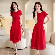 红色连衣裙女2023夏季高级感小个子收腰显瘦气质短袖雪纺裙子