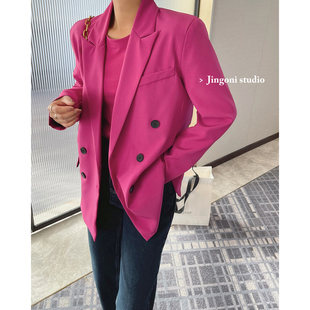 韩版玫红小西装外套，女2023年春季chic上衣气质，宽松高级感西服