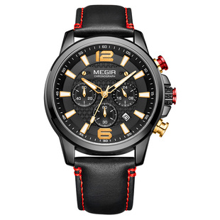 2156士镂空时尚大表盘手表，六针皮带表美格尔，megir防水男运动日历