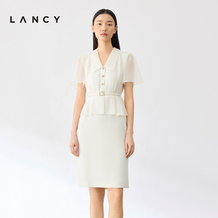 lancy朗姿夏季收腰显瘦假两件连衣裙，女法式短袖高端礼服裙子