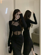 胖mm辣妹性感网纱拼接长袖连衣裙女春季大码收腰显瘦鱼骨包臀裙子