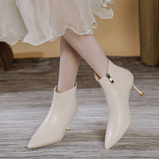 法式尖头白色短靴女2023年秋冬气质高跟，加绒瘦瘦靴细跟裸靴子