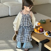 2024春季韩版女童蕾丝镂空花边外套薄款开衫+格子吊带裙+裤子