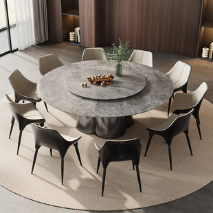 意式轻奢云多灰大理石圆餐桌，高端别墅家用带转盘，2米2.2米大圆饭桌