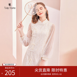 网纱拼接，复古中式旗袍，舒适版型