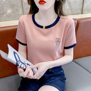 纯棉短袖t恤女装衣服，2024夏季刺绣，小衫洋气独特别致上衣短款