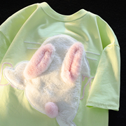 JWNEED可爱兔兔情侣装宽松T恤男女夏季3D立体卡通潮流学院风短袖