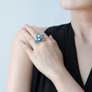 国风若兰古典气质珍珠戒指汉服配饰复古时尚经典珐琅彩青花瓷蓝戒
